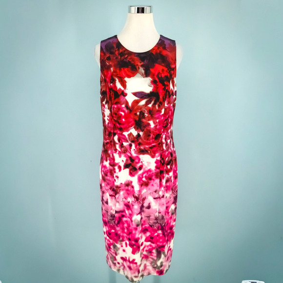 Joseph Ribkoff Size 14 Pink Red Floral Print Crew Scoop Sleeveless Knit Dress - Picture 1 of 5